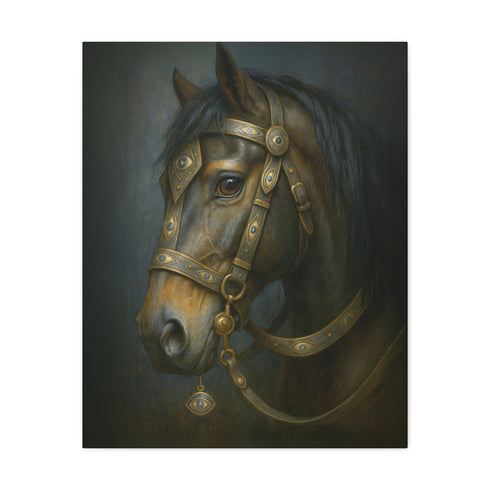 A rectangular, vertical matte canvas print depicting a classical, painterly portrait of a horse's head in profile. The horse is a deep, dark brown with a flowing black mane. It is adorned with an ornate and intricate bridle made of dark leather and burnished gold metal plates, featuring detailed scrollwork. A small, eye-shaped charm with a blue center dangles from the bridle near the horse's cheek. The lighting is dramatic chiaroscuro, with a soft light illuminating the horse's face.